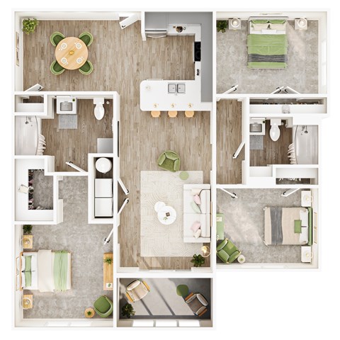 Floor plan for 3 beds, 2 baths, 1249 sqft